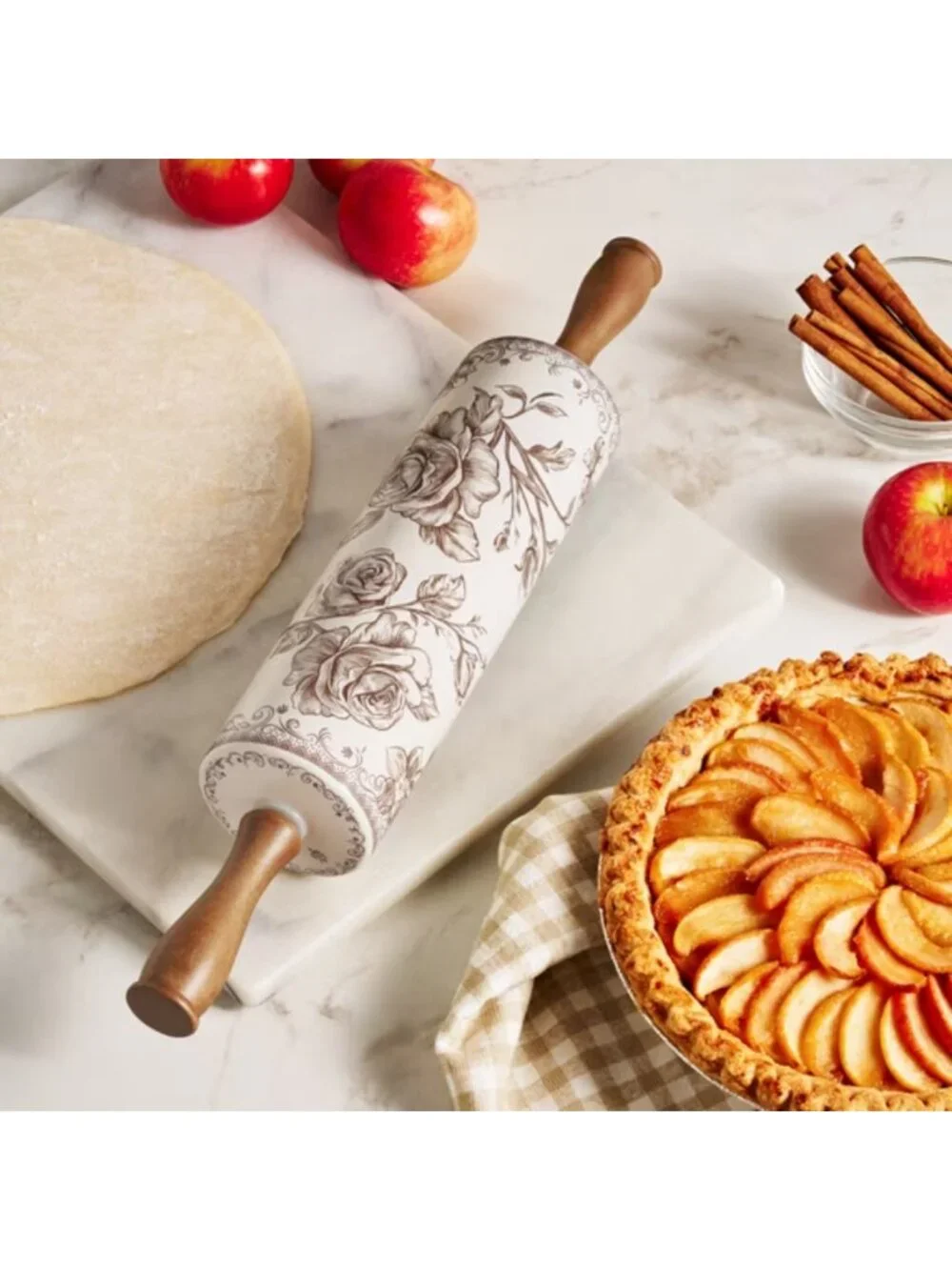 The Pioneer Woman Brown Wood Handles Floral Design Agatha Ceramic Rolling Pin